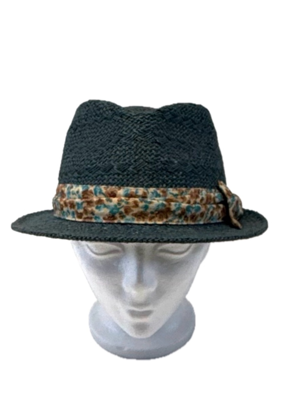 Unisex Teal Blue Green Woven Straw Fedora Trilby Hat - Floral Band